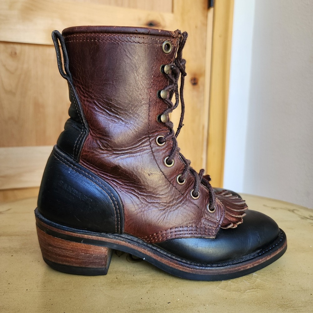 Santa Fe‎ Boot Co Sz 6 Packer Logger Brown Black Leather Lace Up Boots Western